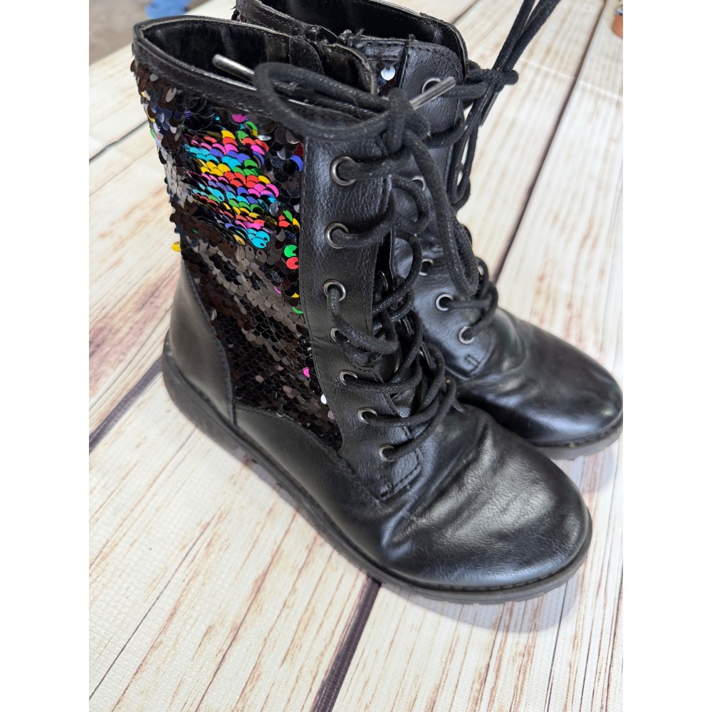 The Childrens Place Girls Black Rainbow Sequin Lace Up Combat Boots Size 3
